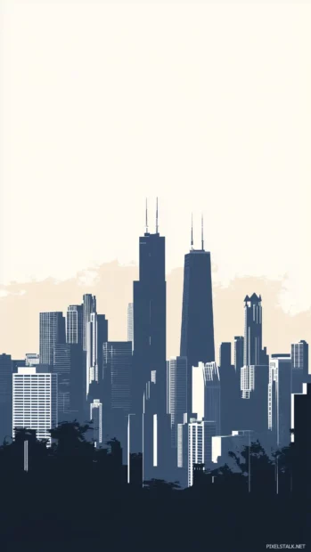 A subtle and uncomplicated depiction of Chicago skyline with a focus on basic shapes and outlines of the main buildings.