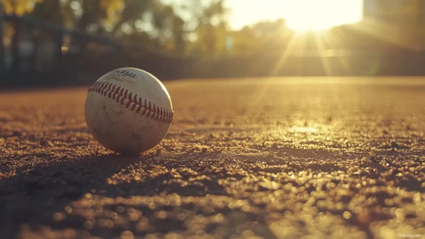A sunlit baseball rolling slowly down the first base line.