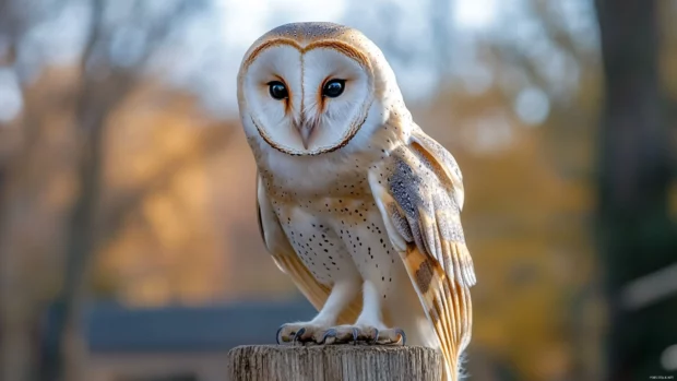 A sunlit moment of a Barn Owl turning its head while perched on a fencepost.