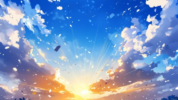 A sunny blue sky with the golden rays of sunlight streaming through scattered clouds.