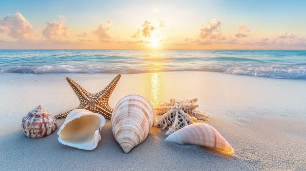 A sunrise over a calm beach with shells and driftwood on the shore .