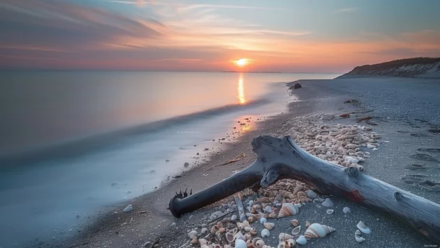 A sunrise over a calm beach with shells and driftwood on the shore.
