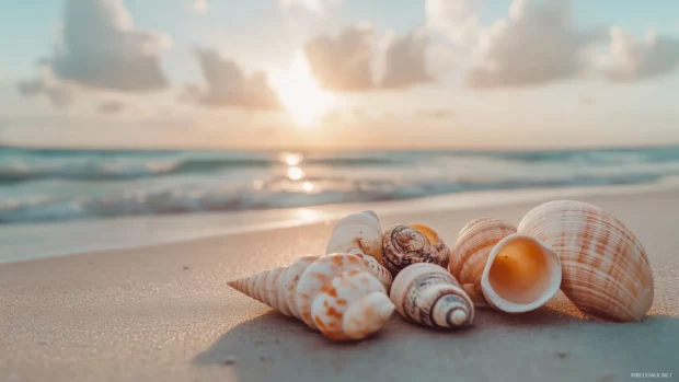 A sunrise over a calm beach with shells and driftwood on the shore.