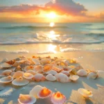 A sunset beach scene with colorful seashells scattered across the shore, warm hues reflecting on the water.