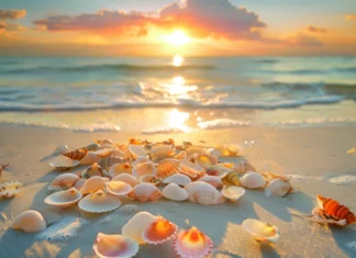 A sunset beach scene with colorful seashells scattered across the shore, warm hues reflecting on the water.