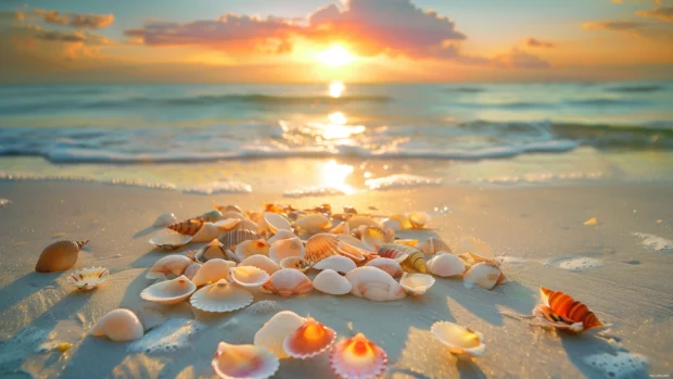 A sunset beach scene with colorful seashells scattered across the shore, warm hues reflecting on the water.