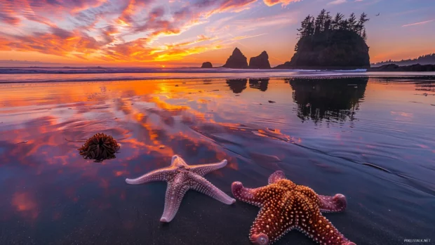 A sunset beach with tide pools reflecting the colorful sky, starfish and sea anemones visible in the shallow water.