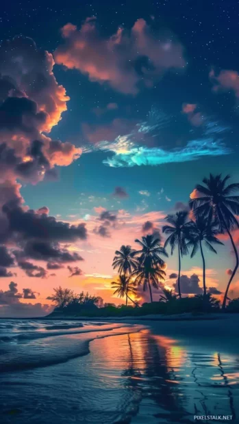A sunset over a tropical beach with palm trees silhouetted against the blue sky.