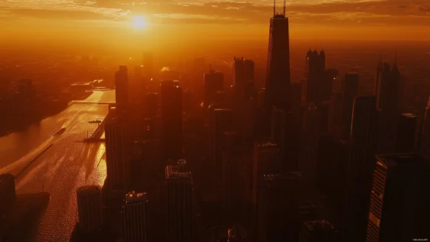 A sunset view of Chicago skyline, highlighting the Willis Tower and other key buildings.