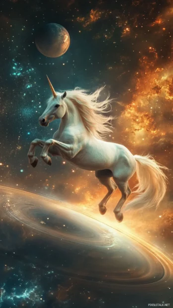 A surreal Galaxy Unicorn wallpaper for showing the unicorn flying past a ringed planet.