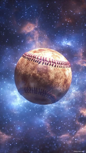 A surreal baseball floating in space, surrounded by cosmic dust and nebula colors, glowing with an ethereal aura.