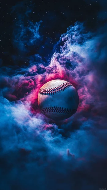 A surreal baseball floating in space, surrounded by cosmic dust and nebula colors, glowing with an ethereal aura.