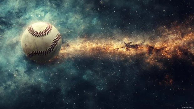 A surreal baseball scene with the ball leaving a trail of cosmic energy, blending sci fi and fantasy art styles.