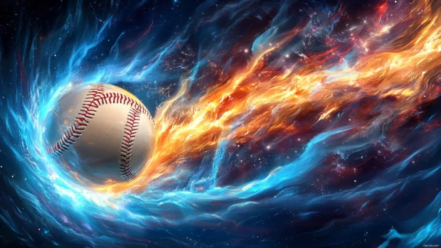 A surreal baseball scene with the ball leaving a trail of cosmic energy, blending sci fi and fantasy art styles.