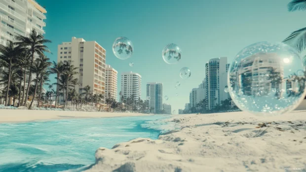 A surreal depiction of Miami Beach, with floating islands and dreamlike elements.