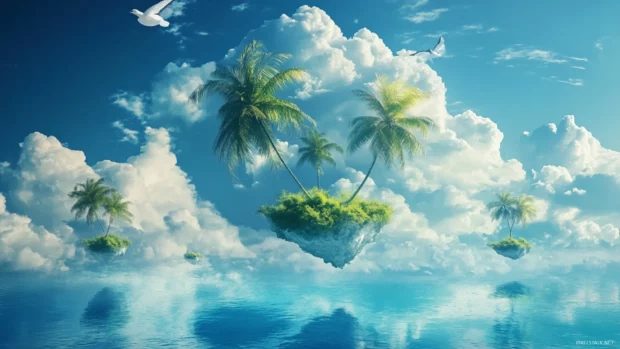 A surreal depiction of a palm tree beach, with floating islands and dreamlike elements .