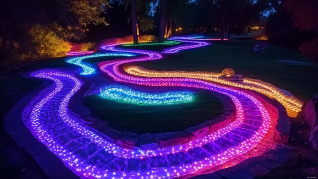 A surreal display of colorful LED light trails captured in motion, creating dynamic patterns in the night.