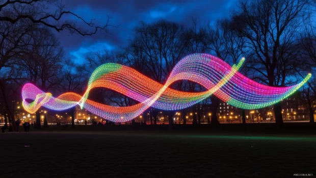 A surreal display of colorful LED light trails captured in motion, creating dynamic patterns in the night.