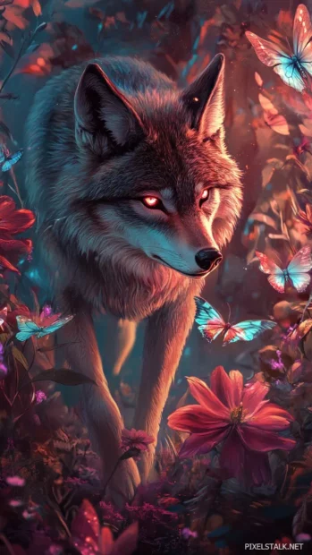 A surreal fantasy background where a wolf walks between giant flowers and glowing butterflies.
