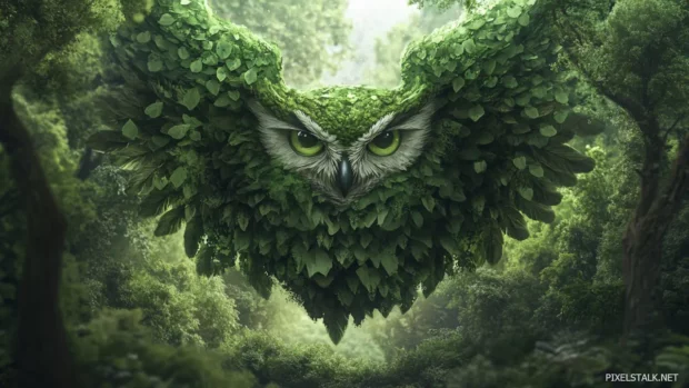 A surreal forest landscape where the owl wings form the trees themselves.