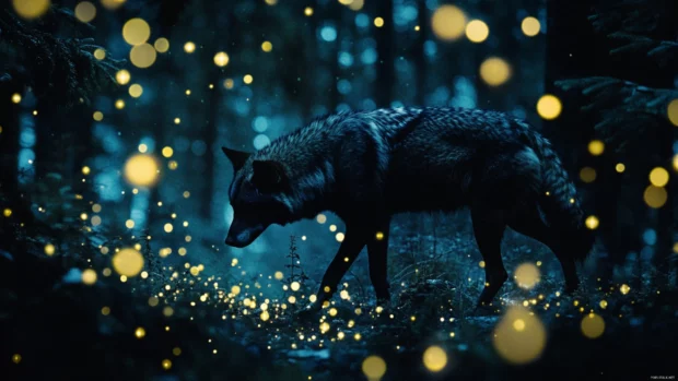 A surreal forest opens up to reveal a dark wolf walking under thousands of tiny stars.