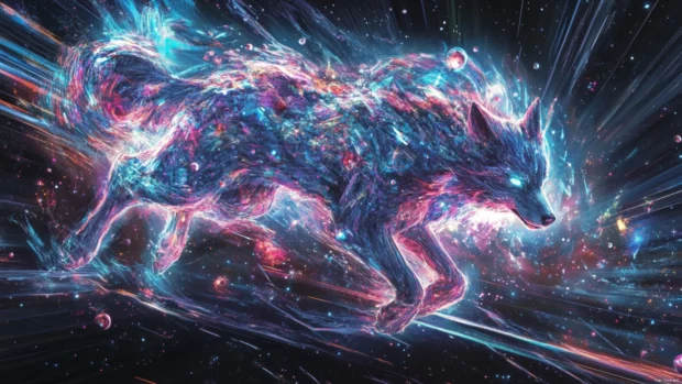 A surreal galaxy themed wolf forming out of meteor shards and light beams.