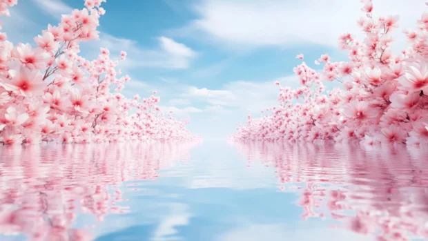A surreal landscape with dozens of flamingos mirrored perfectly on a saltwater lake under a pale blue sky.