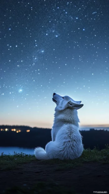 A surreal night scene of a white wolf gazing upward in this peaceful night sky wolf wallpaper with stars.