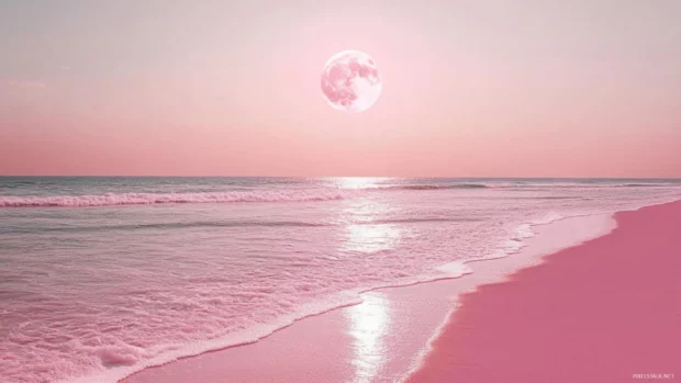 A surreal pink beach scene with a glowing pink moon and calm sea.