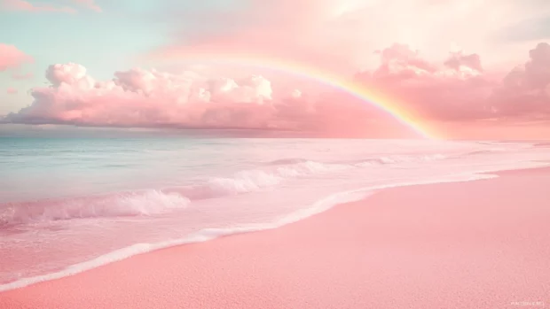 A surreal pink beach scene with rainbow, sand, and ocean in pink tones.