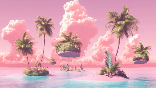 A surreal pink beach with floating islands, pink sky, and fluffy clouds.