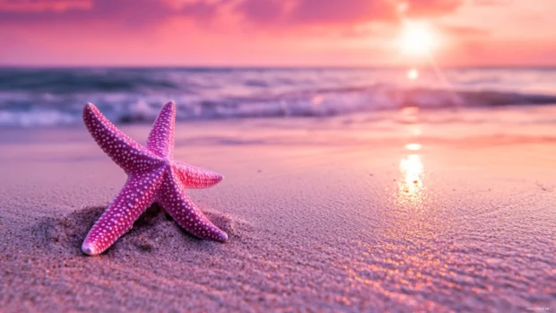 A surreal pink beach with starfish, pink waves, and a glowing pink sky.