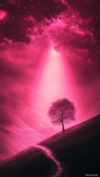 A surreal pink sky with a silhouette of a lone tree standing under the ethereal glow, creating a peaceful and serene atmosphere.