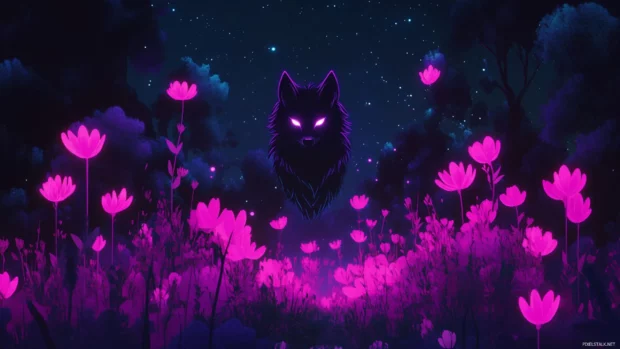 A surreal scene of a floating wolf spirit surrounded by glowing flowers in a dream forest.