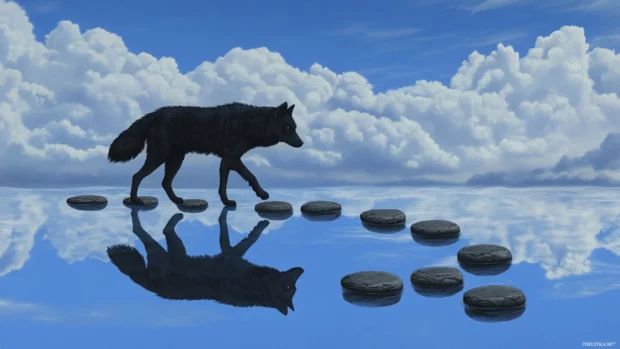 A surreal scene with a black wolf walking through a path of floating stones in the sky.