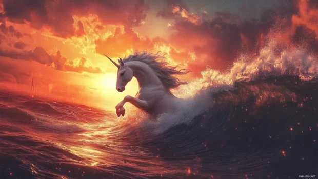 A surreal sunset sky wraps around the unicorn like a wave.