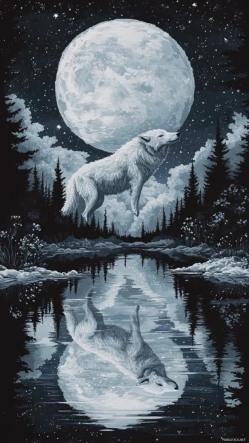 A surreal vertical landscape where wolves float across a mirrored lake in the stars.