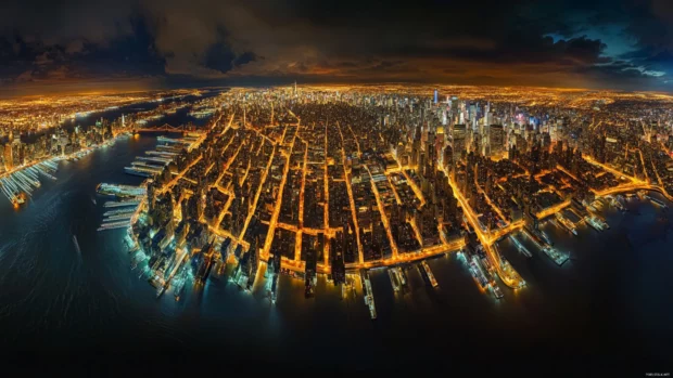 A sweeping panorama shows New York City glowing in twilight.