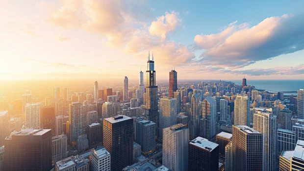 A sweeping view of Chicago skyline at sunset, highlighting the iconic Willis Tower and other prominent buildings.