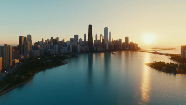A sweeping view of the Chicago skyline at sunset, with the Willis Tower and other iconic buildings.