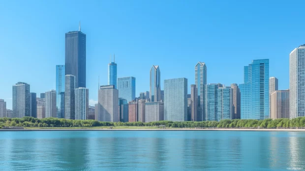 A sweeping view of the Chicago skyline under a clear sky, highlighting the Hancock Center and other landmarks.