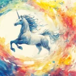 A swirl of color encircles a Unicorn in a dreamlike watercolor land.