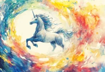 A swirl of color encircles a Unicorn in a dreamlike watercolor land.
