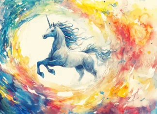 A swirl of color encircles a Unicorn in a dreamlike watercolor land.