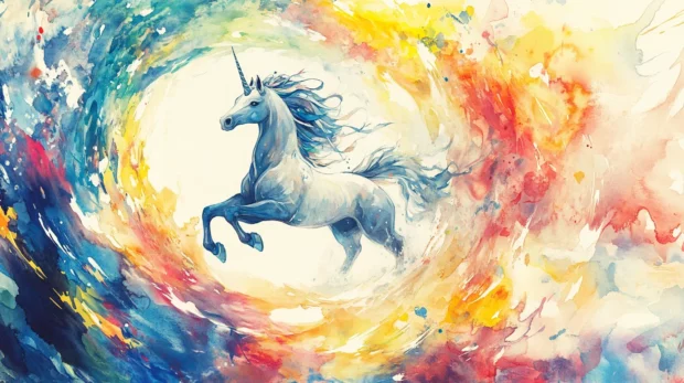 A swirl of color encircles a Unicorn in a dreamlike watercolor land.