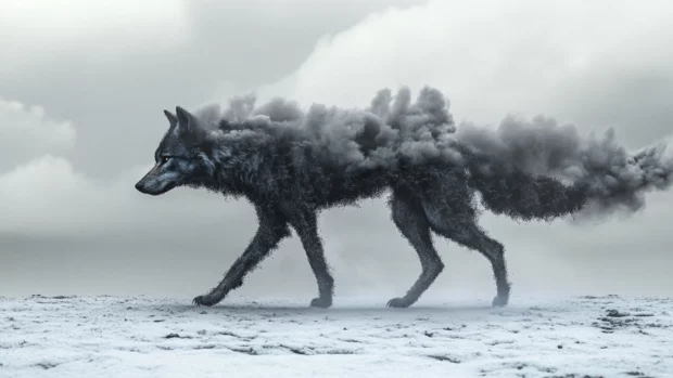 A symbolic lone wolf formed from smoke and ash walking away from a battle field.