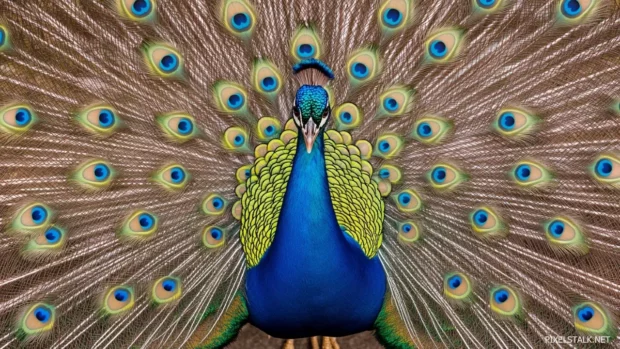 A symmetrical composition capturing a peacock from above, its radiant plumage forming an intricate, mandala inspired display.