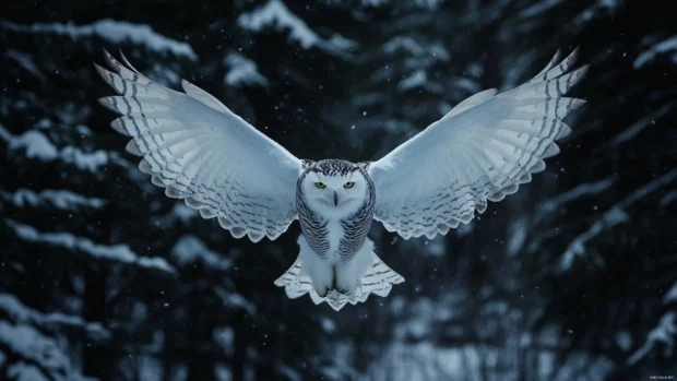 A symmetrical shot of a snowy owl wings spread wide against a backdrop of pine trees.