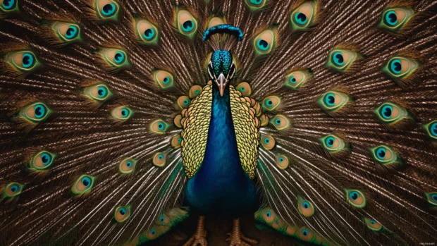 A symmetrical top down view of a peacock displaying its plumage like a mandala.