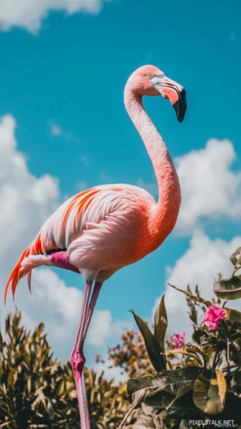A tall frame of a flamingo mid step with soft tropical clouds in the background.